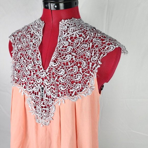 Esley Brand Peach & Gray Embroidered Lace Sleeveless Blouse w/ Split Back - S - Picture 6 of 12